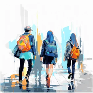 Three illustrated children wearing new school clothes and carrying backpacks walk away