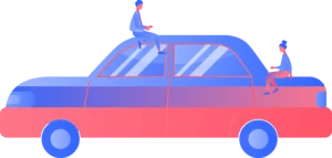 An illustration of a man and woman sitting on a car