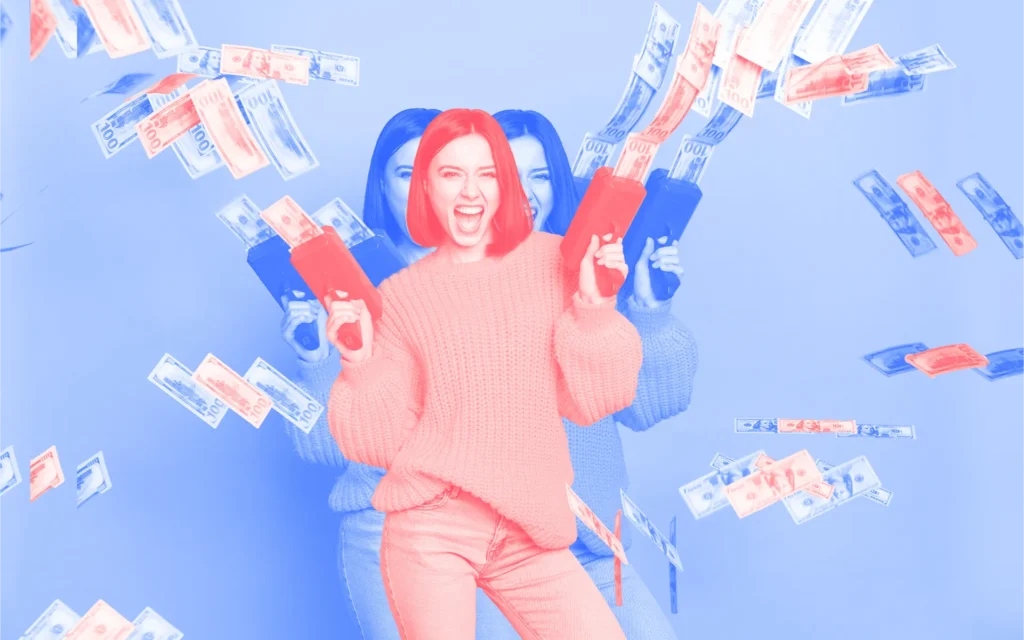A person excitedly firing two money guns