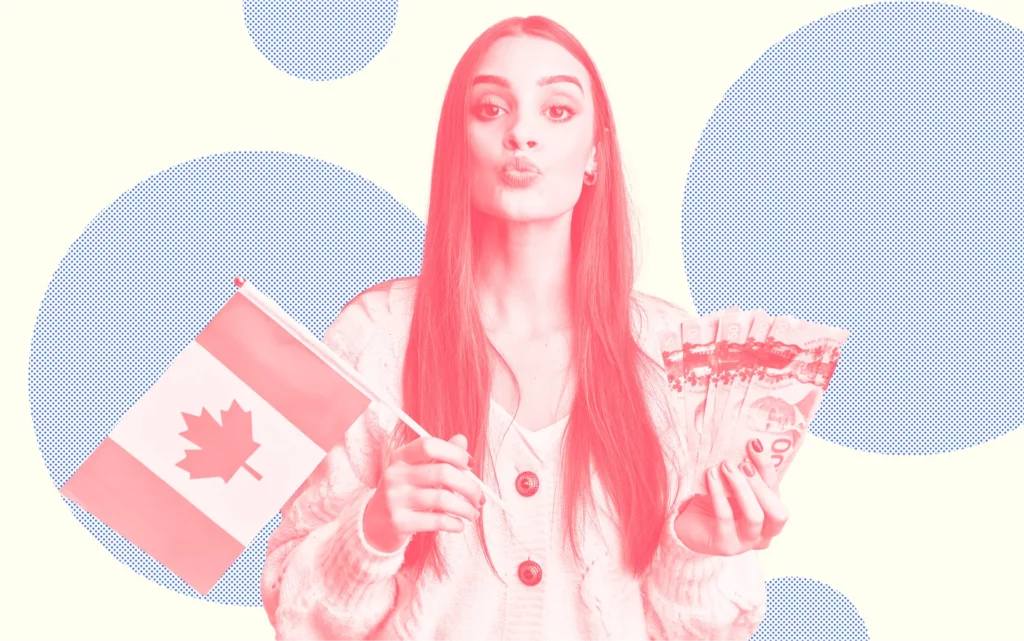 A personal holding a Canadian flag and a handful of Canadian money