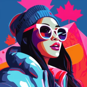 An illustration of a young woman with sunglasses with Canadian maple leafs in the background