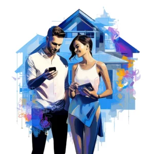 An illustration of a young couple looking at their smartphone and tablet