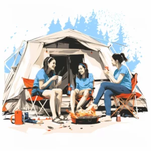 An illustration of twins and their friend lounge in front of a campfire and tent while on a camping trip