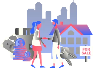 An illustration of a man and a woman completing a home sale