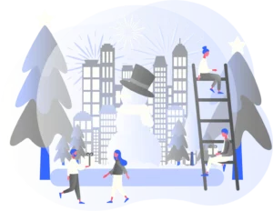 A holidays-themed illustration with people and a snowman
