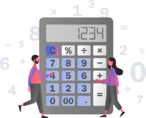 An illustration of a man and woman in front of a large calculator surrounded by numbers