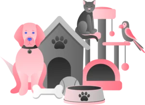 An illustration of pets and their related supplies