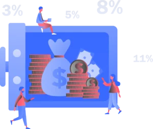 An illustration of three people around a small vault of money, surrounded by percentages