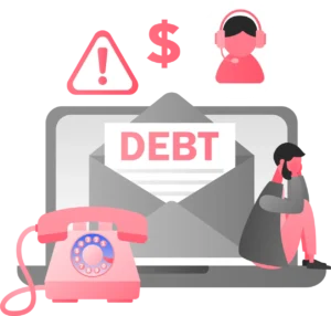 An illustration of a person in front of a laptop with the word "Debt" on it that alludes to debt collection