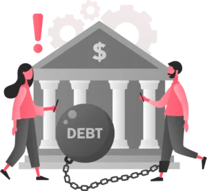 An illustration of two people standing in front of a bank with one with a ball and chain attached to their ankle with the word "Debt" on the ball