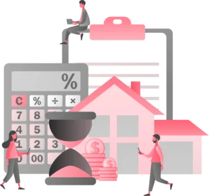 An illustration of various estate planning items such as a calculator, hour glass to represent time constraints, and a clip board with a checklist