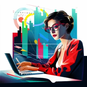 An illustration of a young lady in front of a laptop computer managing her finances