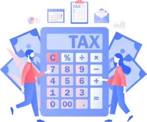 An illustration of two people standing in front of a calculator with the word TAX written on it and various tax-related icons