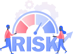 An illustration of a man and woman in front of a investment risk dial showing medium-high risk