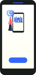 An illustration of a smartphone with Islamic-related visual items