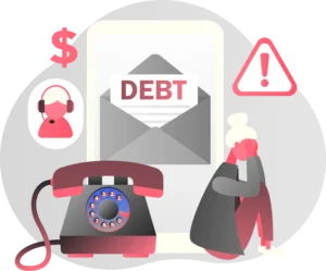 An illustration of a person with their hands on their face and various debt collection theme items