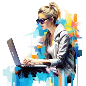 An illustration of a young woman working on her laptop