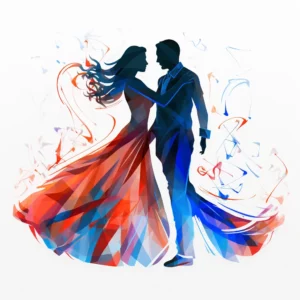 An flat abstract illustration of a man in a suit and a woman in a flowing dress just after being engaged