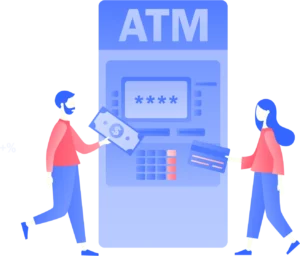 Illustration of two people with cash and ATM card standing in front of an ABM