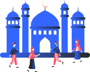 An illustration of people in front of a mosque
