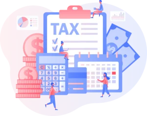 An illustration of two people surrounded by various tax-themed items