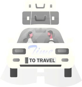 An illustration of two people in a car with baggage strapped to the roof