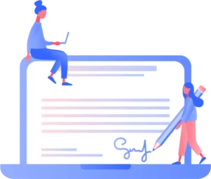 An illustration of two women digitally signing a document