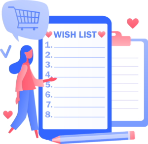 An illustration of a person pointing towards a wish list